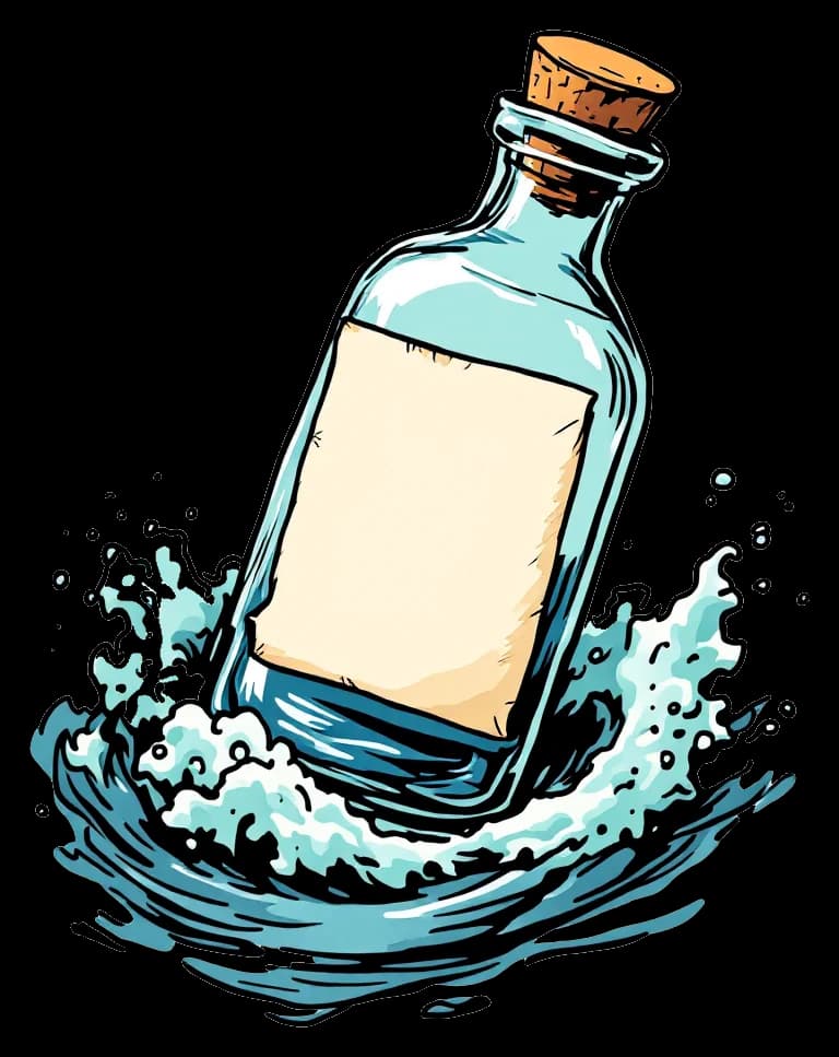 A message in a bottle bobbing on a curling wave.