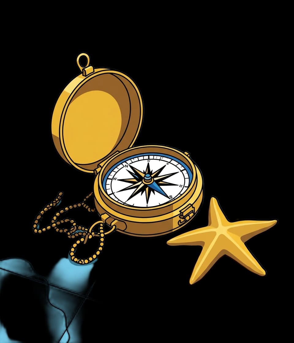 A brass compass lying open on a sea chart beside a starfish.
