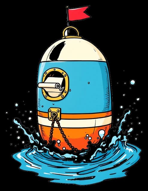 A mail buoy bobbing on a wave with a rolled recipe sliding into its letter slot.