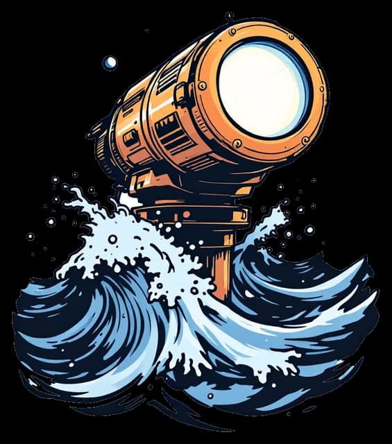 A brass periscope rising out of the waves with a glowing lens.