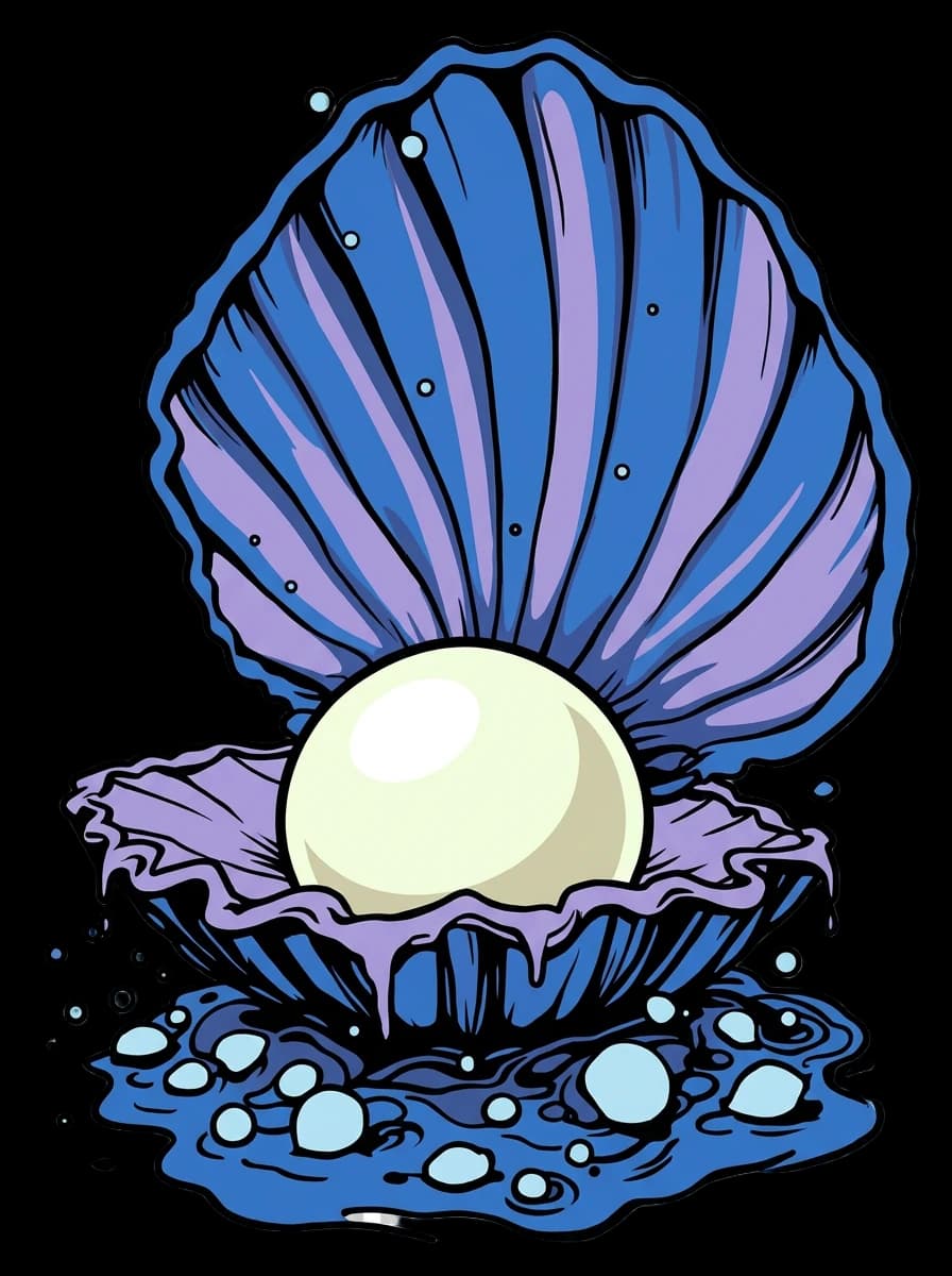 A clam holding a glowing pearl as streams of bubbles flow into it.