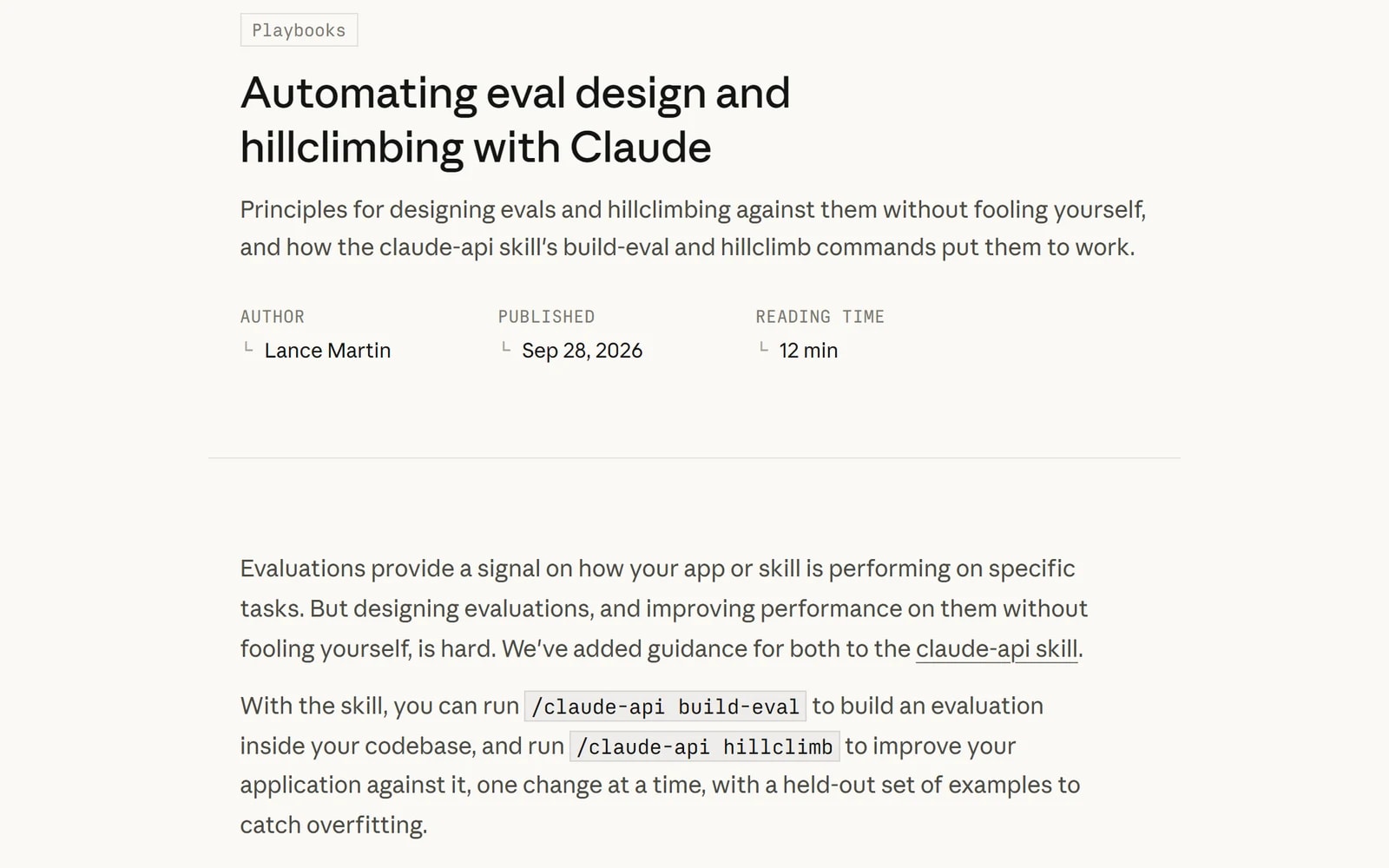 Header of Anthropic's claude.dev guide, Automating eval design and hillclimbing with Claude, published September 28, 2026