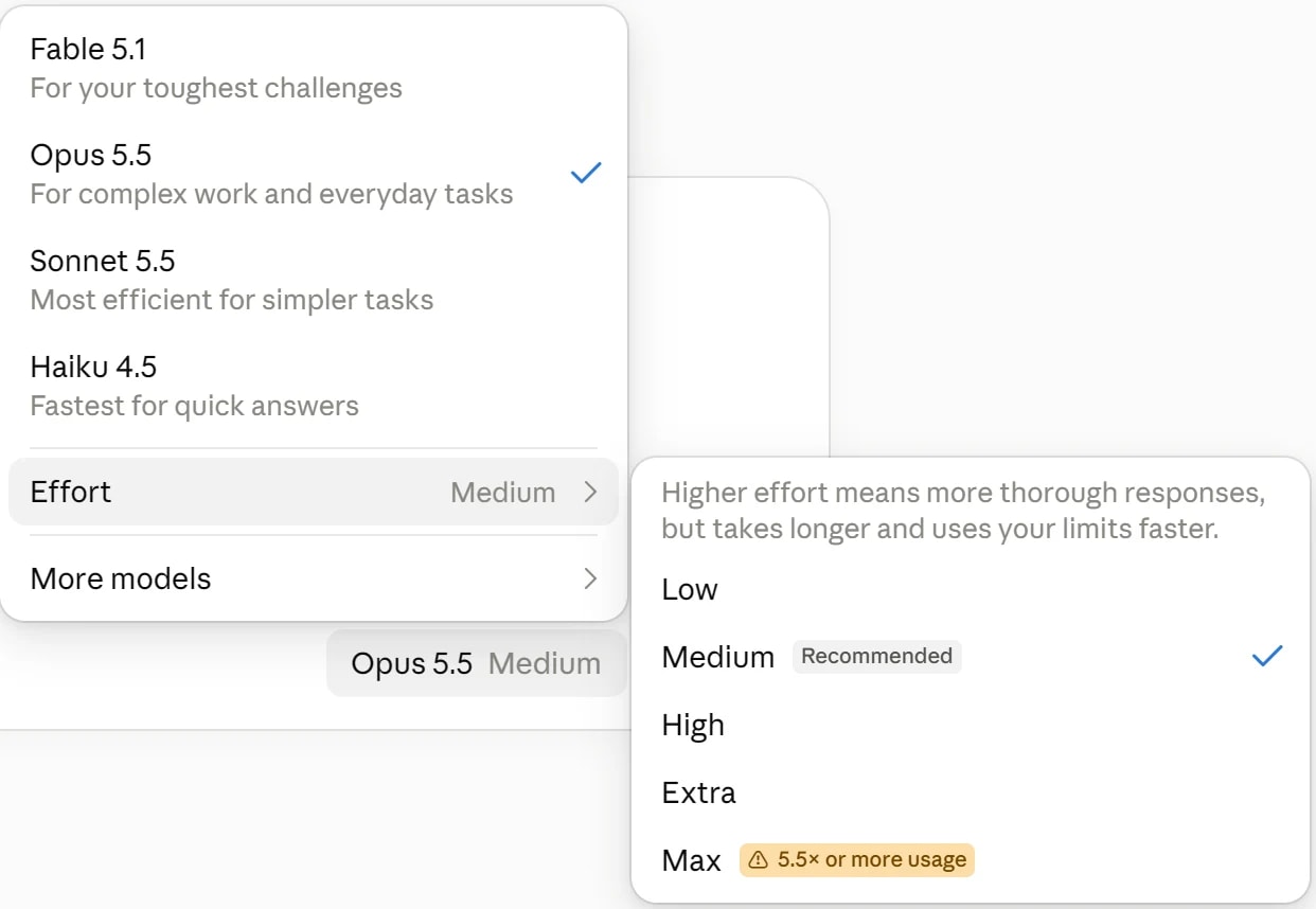 The Claude effort menu for Opus 5.5 with Low, Medium, High, Extra and Max, and Max marked as 5.5x or more usage