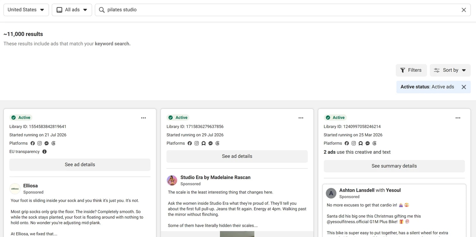 Meta Ad Library search results showing live ads with their Started running dates and a note that two ads use the same creative