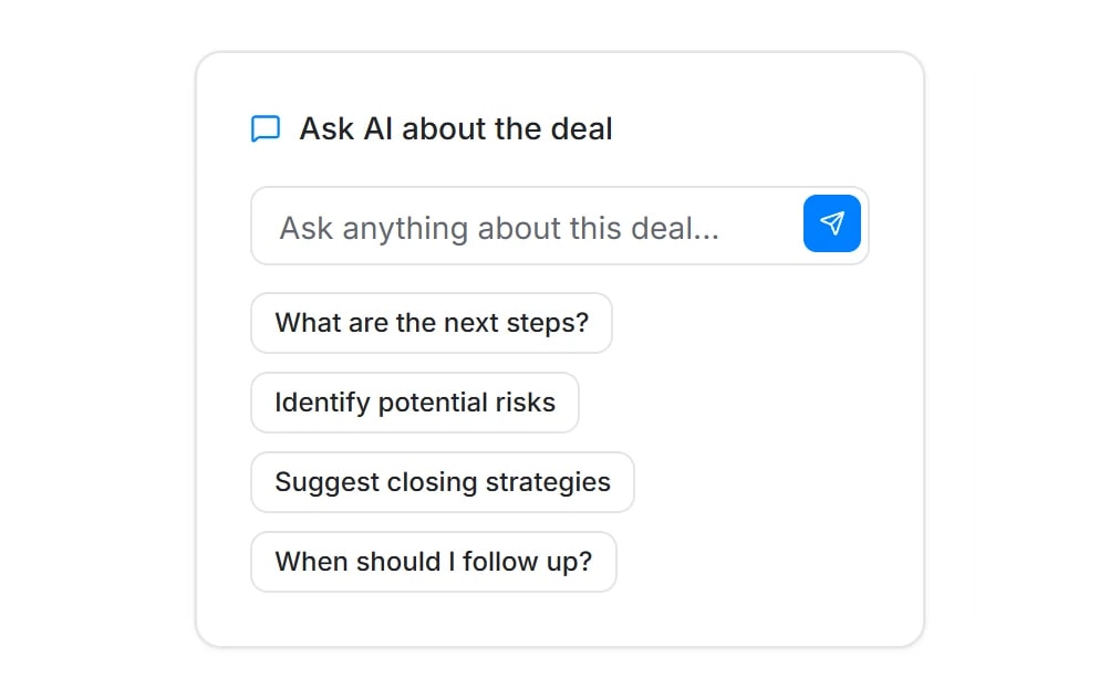 The Ask AI about the deal panel on an Intempt deal, offering four questions: next steps, potential risks, closing strategies and when to follow up