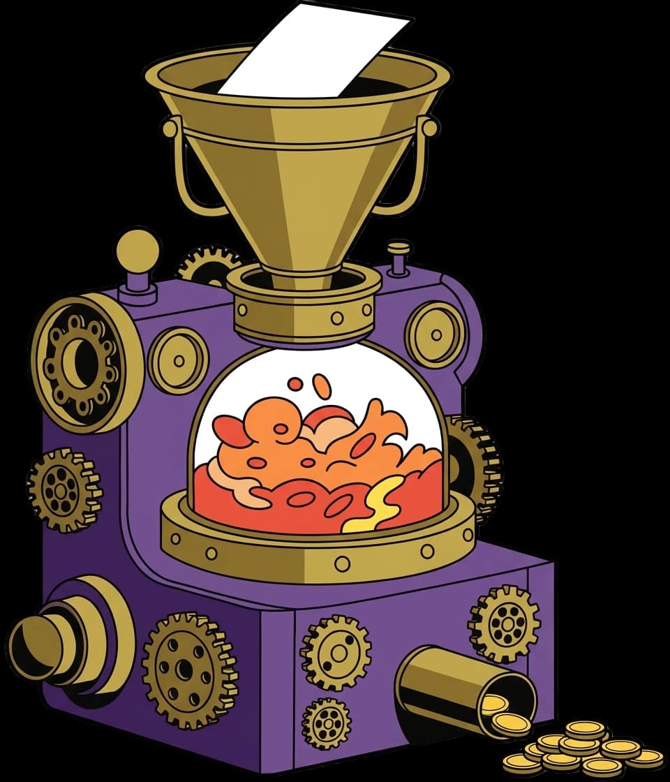A brass and purple recipe machine taking in a card and dispensing coins.