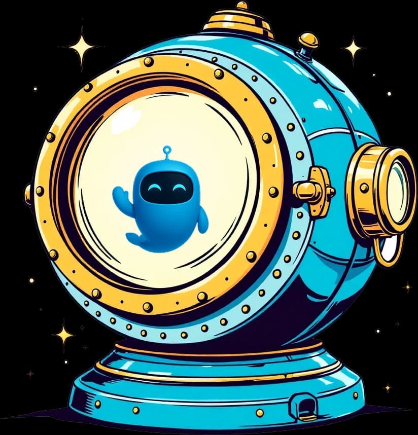 A retro diving bell with a big round porthole, Blu peeking out of it.