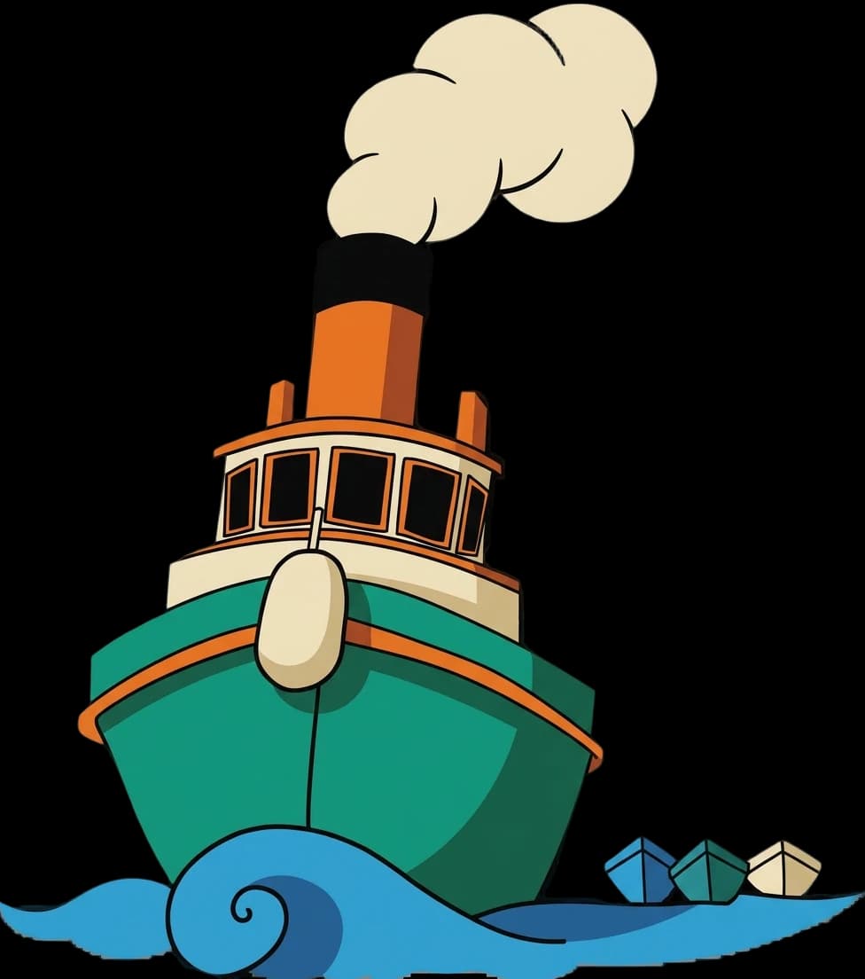 A green tugboat puffing smoke and towing a small fleet.