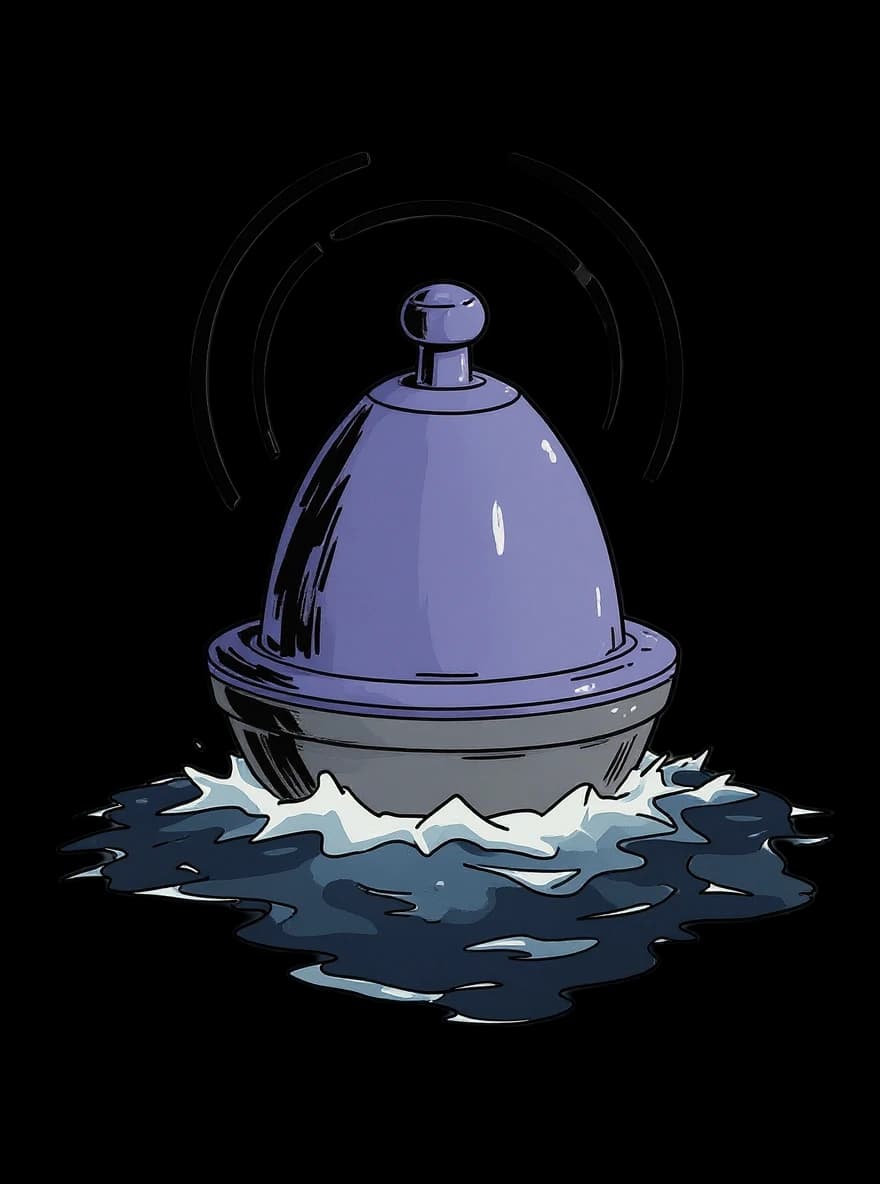 A striped lighthouse on a rock, its lamp beaming out with radio rings around it.