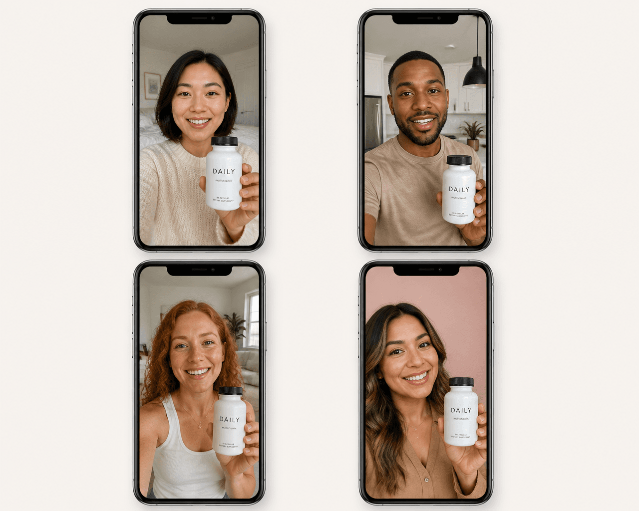 Four phone screens showing selfie-style UGC photos of people holding the same supplement bottle.