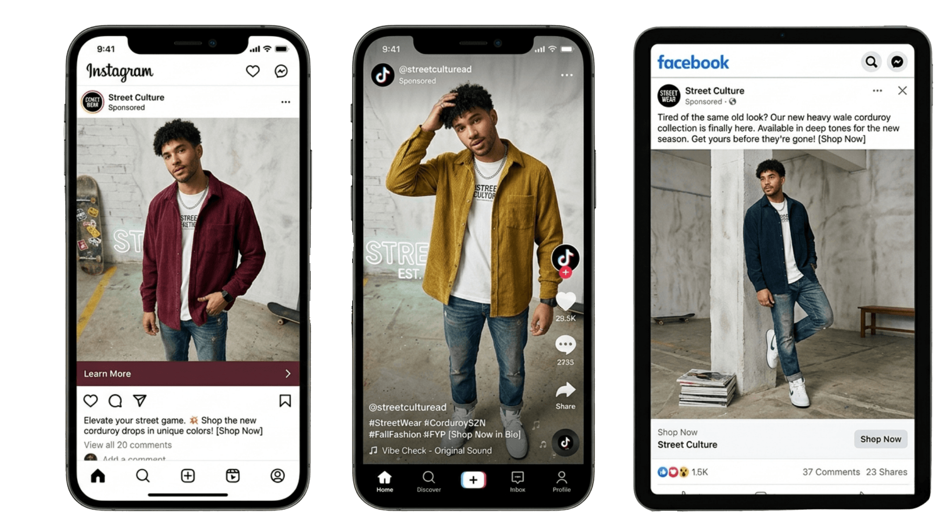 Ads for a streetwear brand's corduroy shirts shown on Instagram, TikTok, and Facebook.