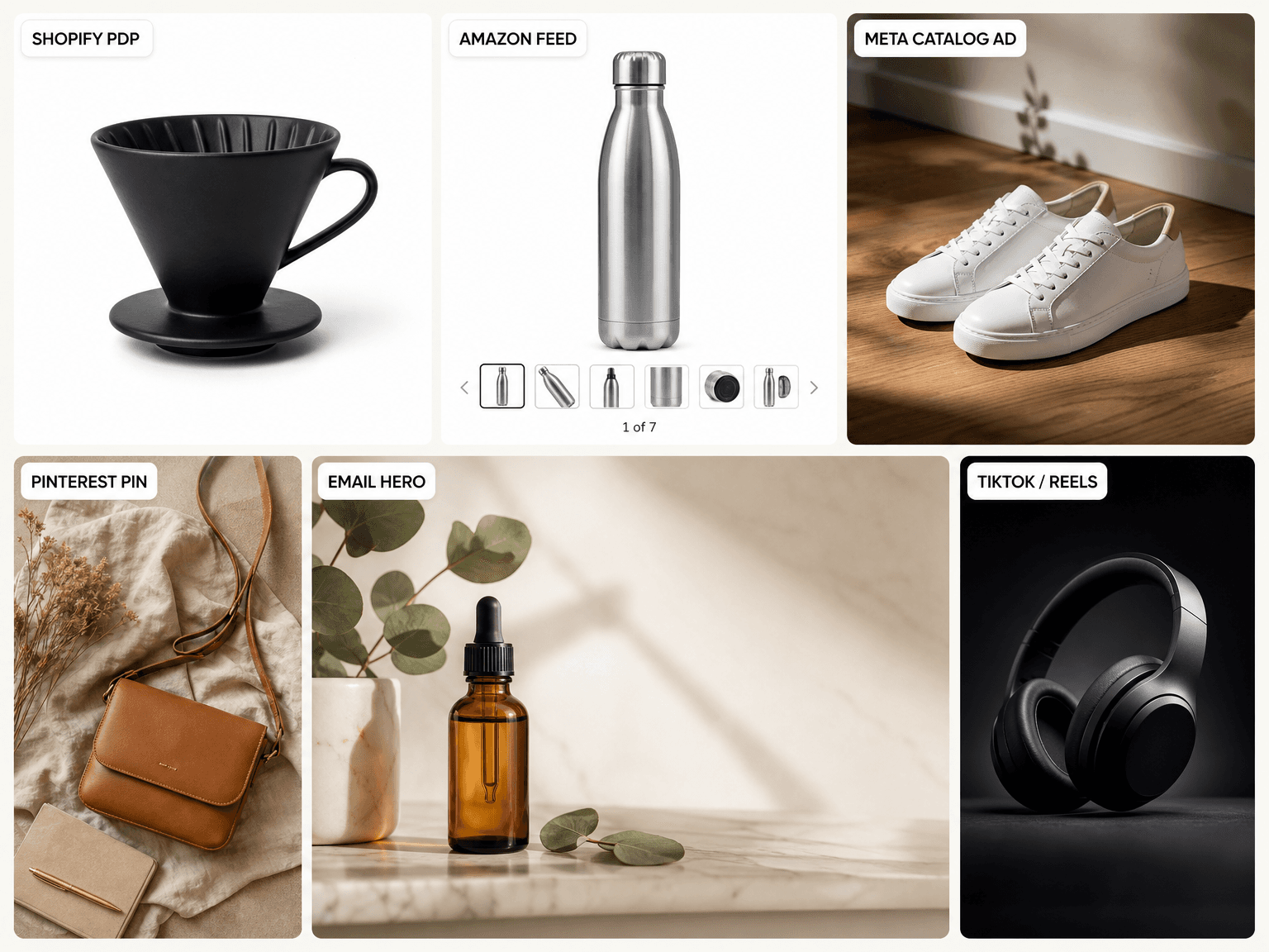 Six product images styled for a Shopify page, an Amazon feed, a Meta ad, a Pinterest pin, an email hero, and TikTok, the places a logo has to hold up.