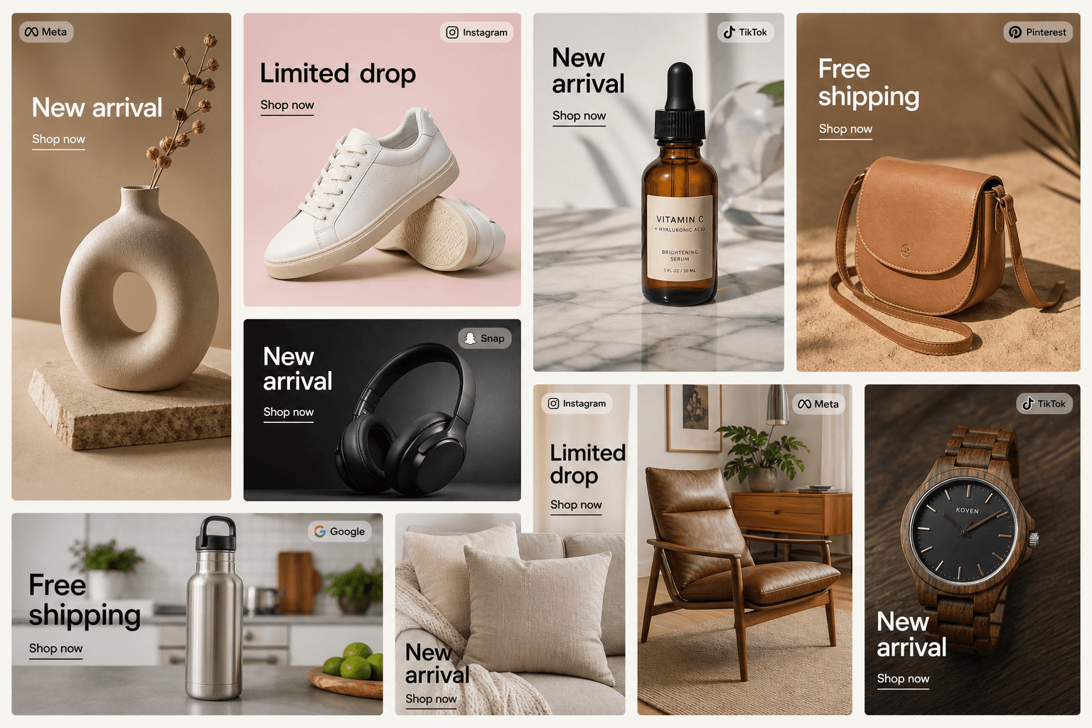 A grid of product ads in different shapes, each with a short headline and a Shop now link, like the banner sizes the tool makes.