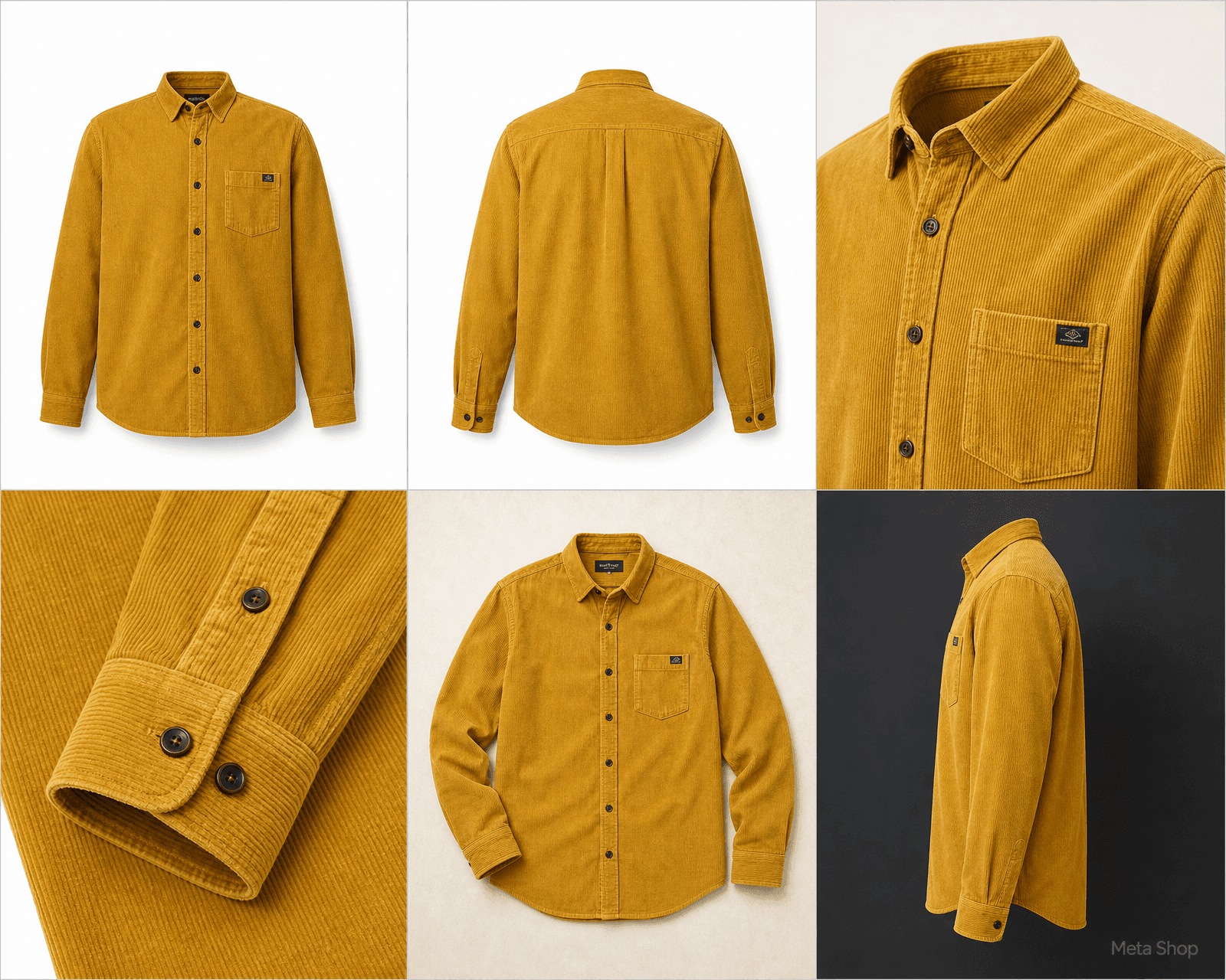 One mustard corduroy shirt shown in six generated views and settings, the way one selfie comes back as four headshot variants.