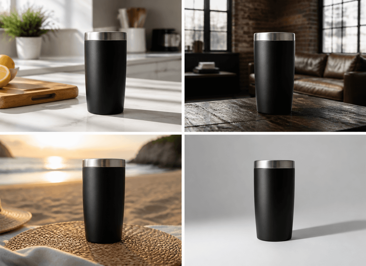 One black tumbler placed in four different settings, like the backdrop styles the headshot generator swaps in behind your face.
