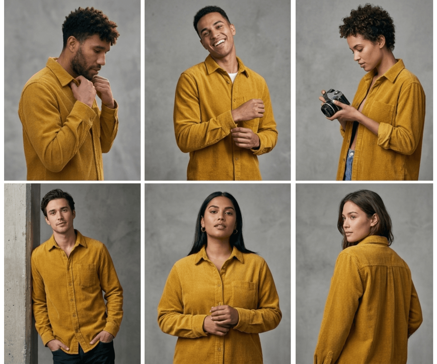 Six different models wearing the same mustard corduroy shirt against a grey studio wall.