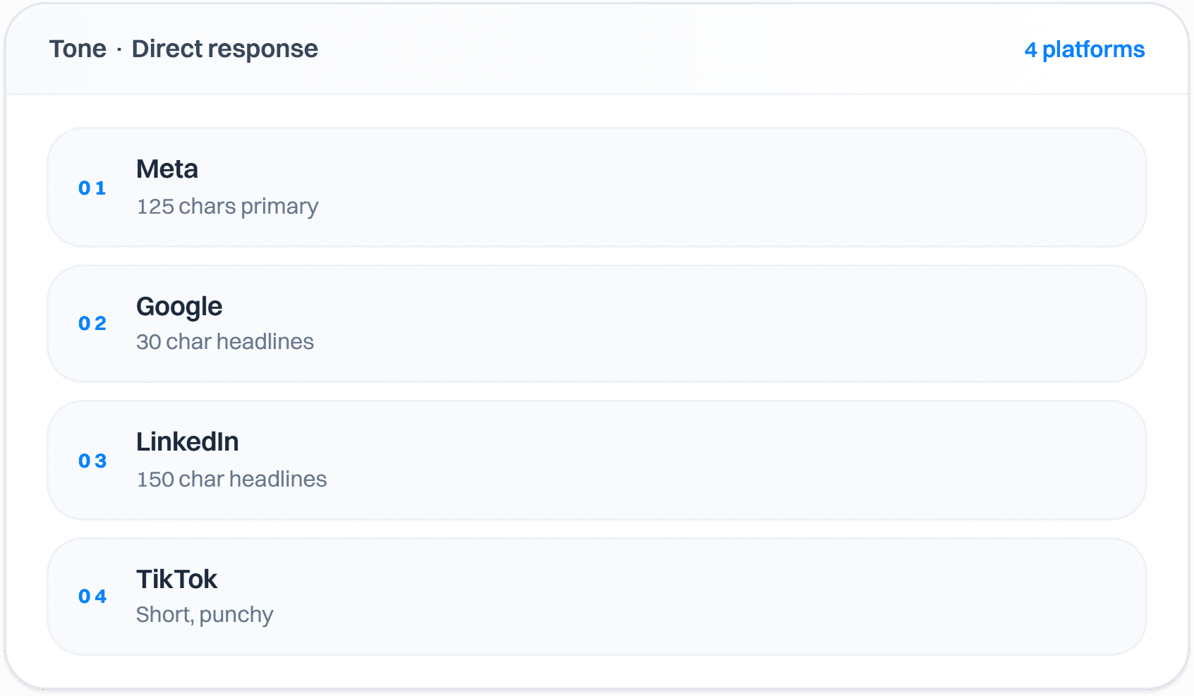A platform list set to direct response tone, showing the character rule for Meta, Google, LinkedIn, and TikTok.