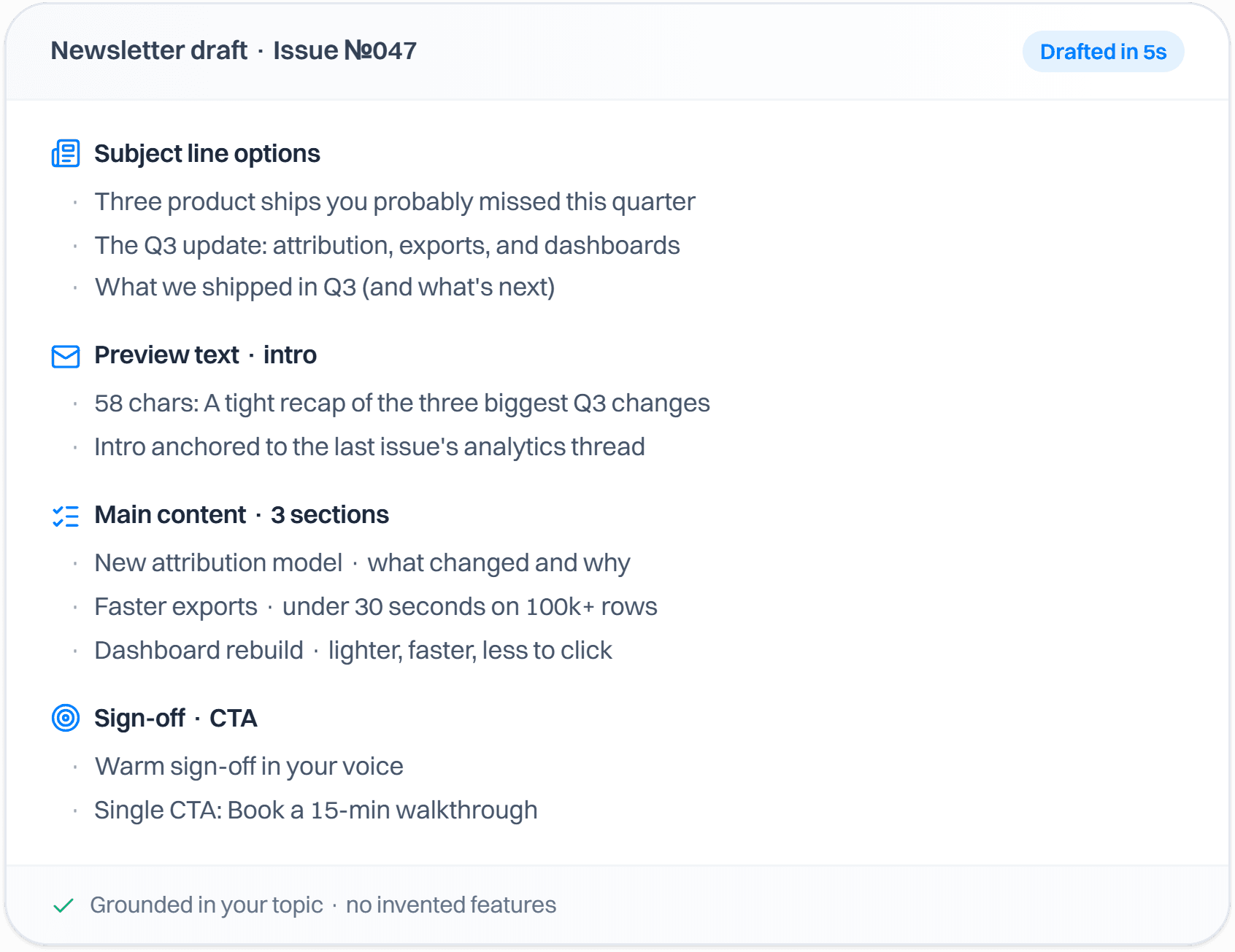 A newsletter draft for issue 047 listing subject line options, preview text, three main content sections, and a sign-off with one CTA.