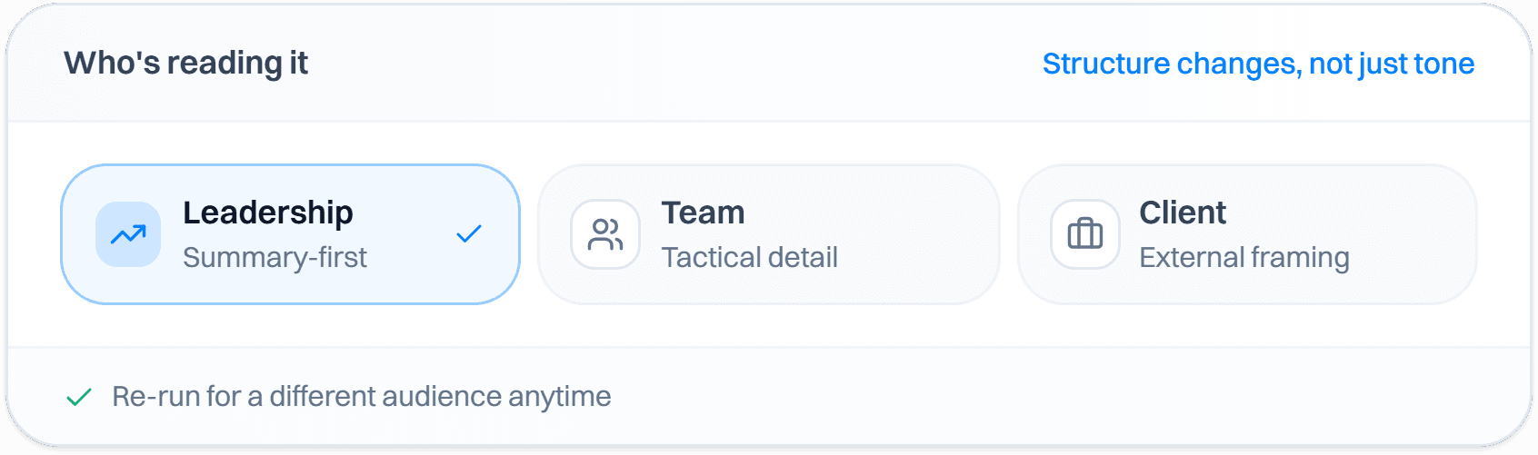 An audience picker with Leadership selected and Team and Client as the other options.