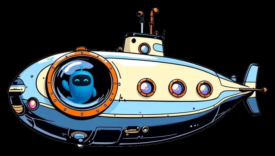 A round retro submarine with Blu looking out of its big front porthole.