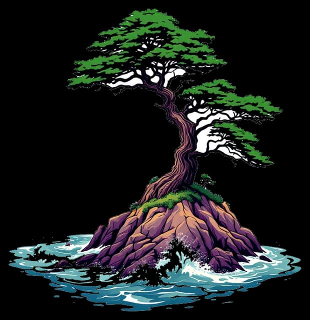 A wind-bent Lands End cypress on a rocky island in the surf.