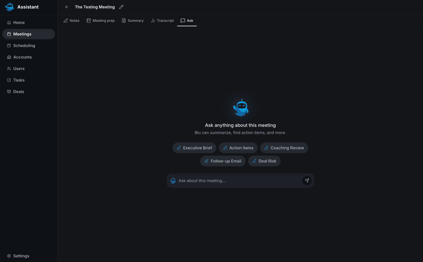 ask tab empty state prompt chips - ai coaching and call review - Intempt documentation