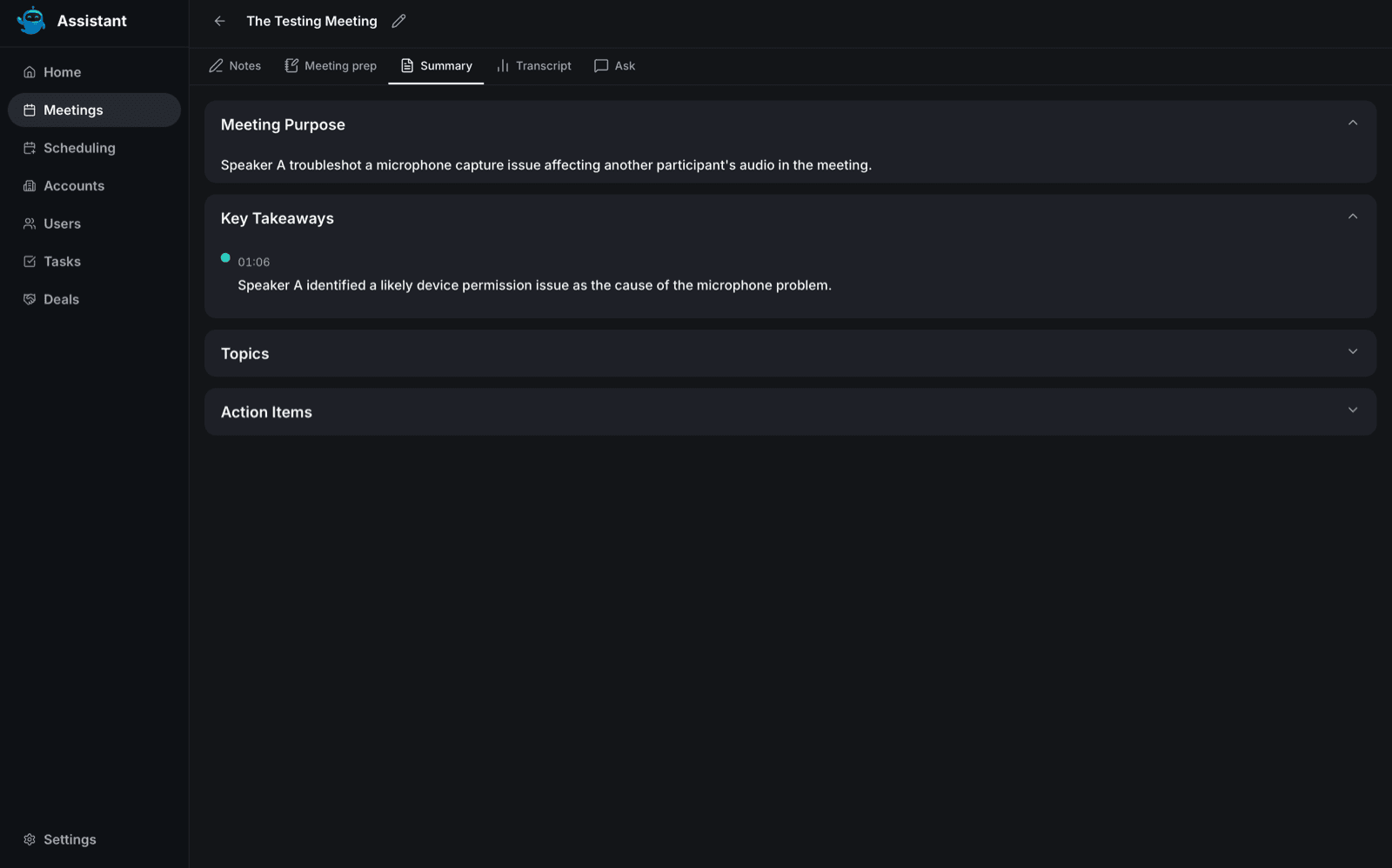 summary tab key takeaways expanded - ai coaching and call review - Intempt documentation