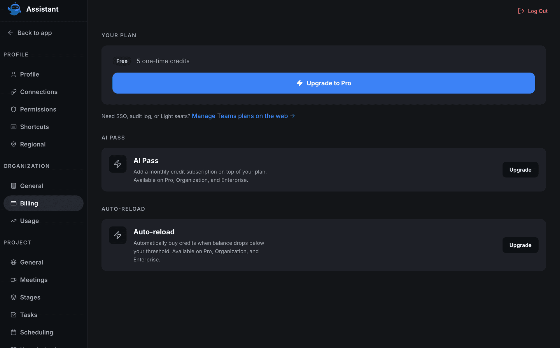 billing tab your plan ai pass auto reload - desktop settings - Intempt documentation