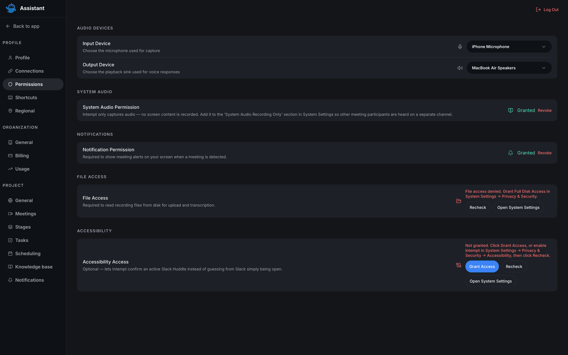 permissions tab audio devices four permissions - desktop settings - Intempt documentation