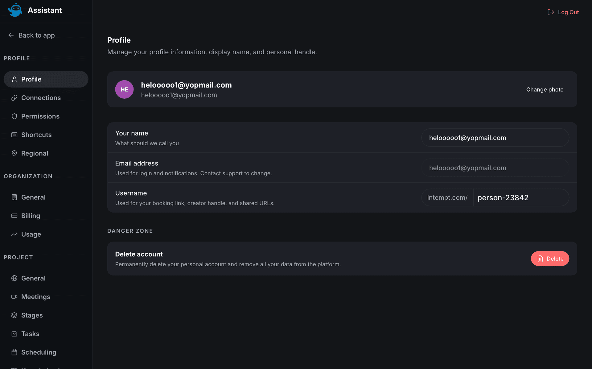 profile tab name email username danger zone - desktop settings - Intempt documentation