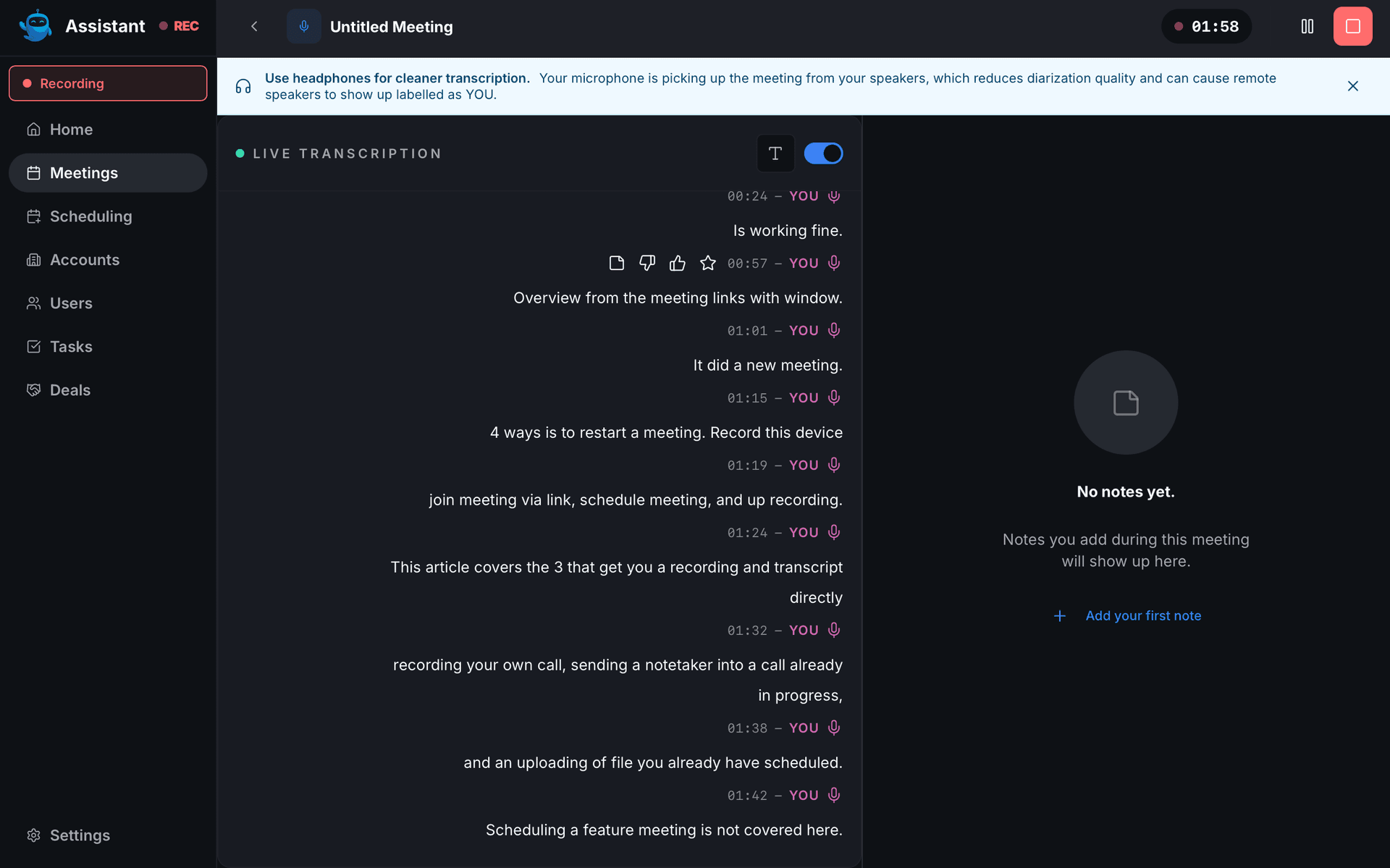 live recording view - recording and capturing meetings - Intempt documentation
