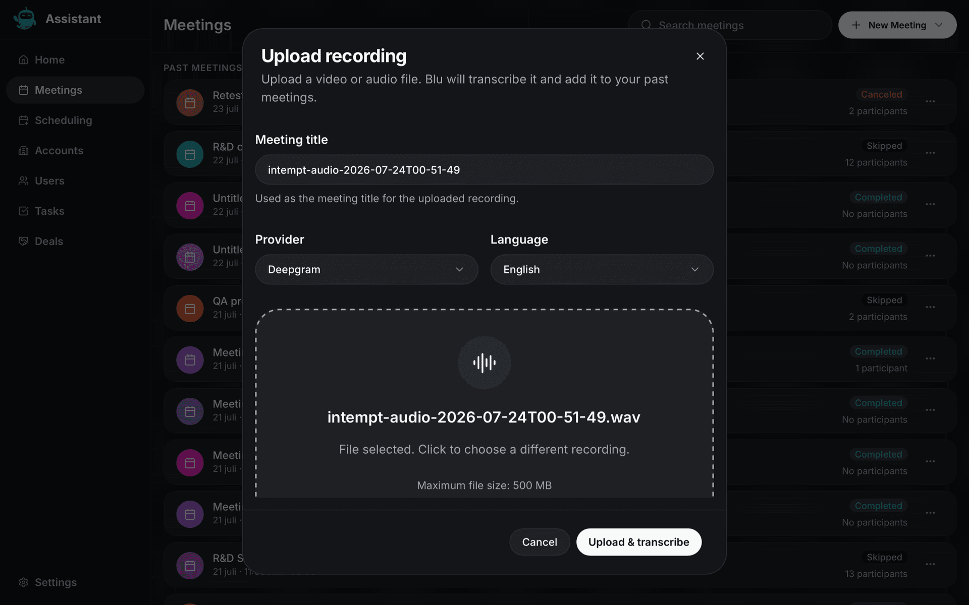 upload recording dialog - recording and capturing meetings - Intempt documentation