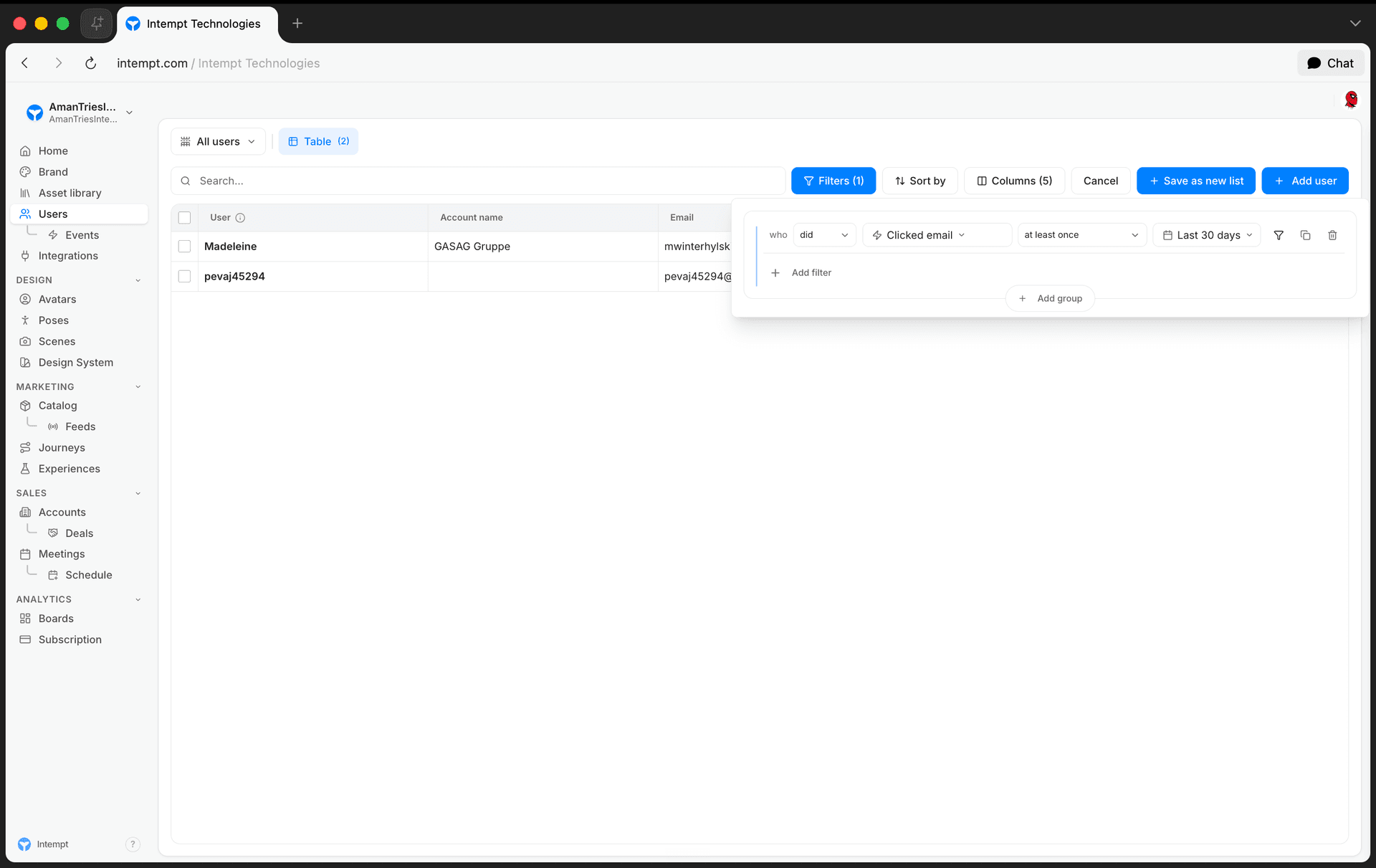 event condition row configured - behavioral segmentation - Intempt documentation