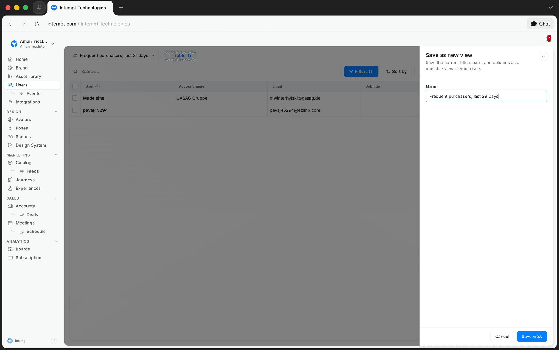 save as new view sidebar - behavioral segmentation - Intempt documentation
