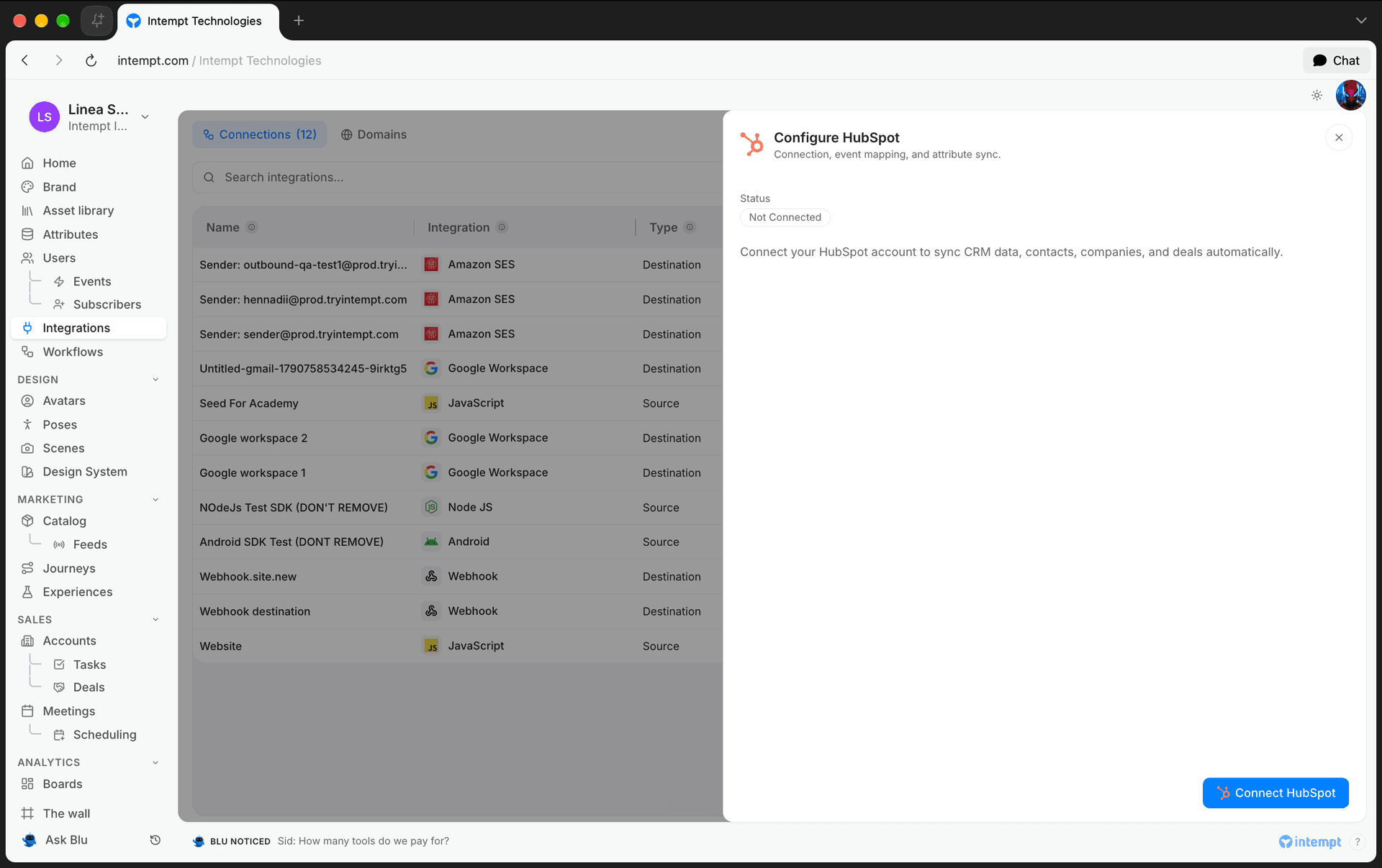 hubspot not connected 5 oct 2026 - crm integration - Intempt documentation