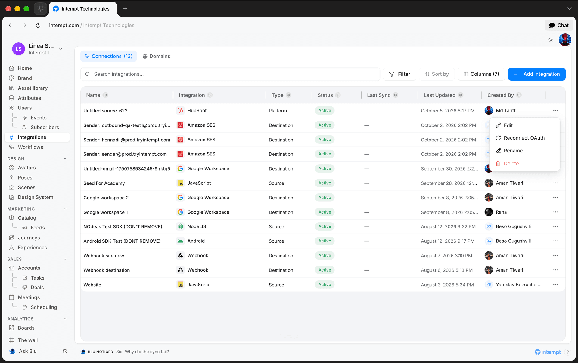 hubspot row action menu 6 oct 2026 - crm integration - Intempt documentation
