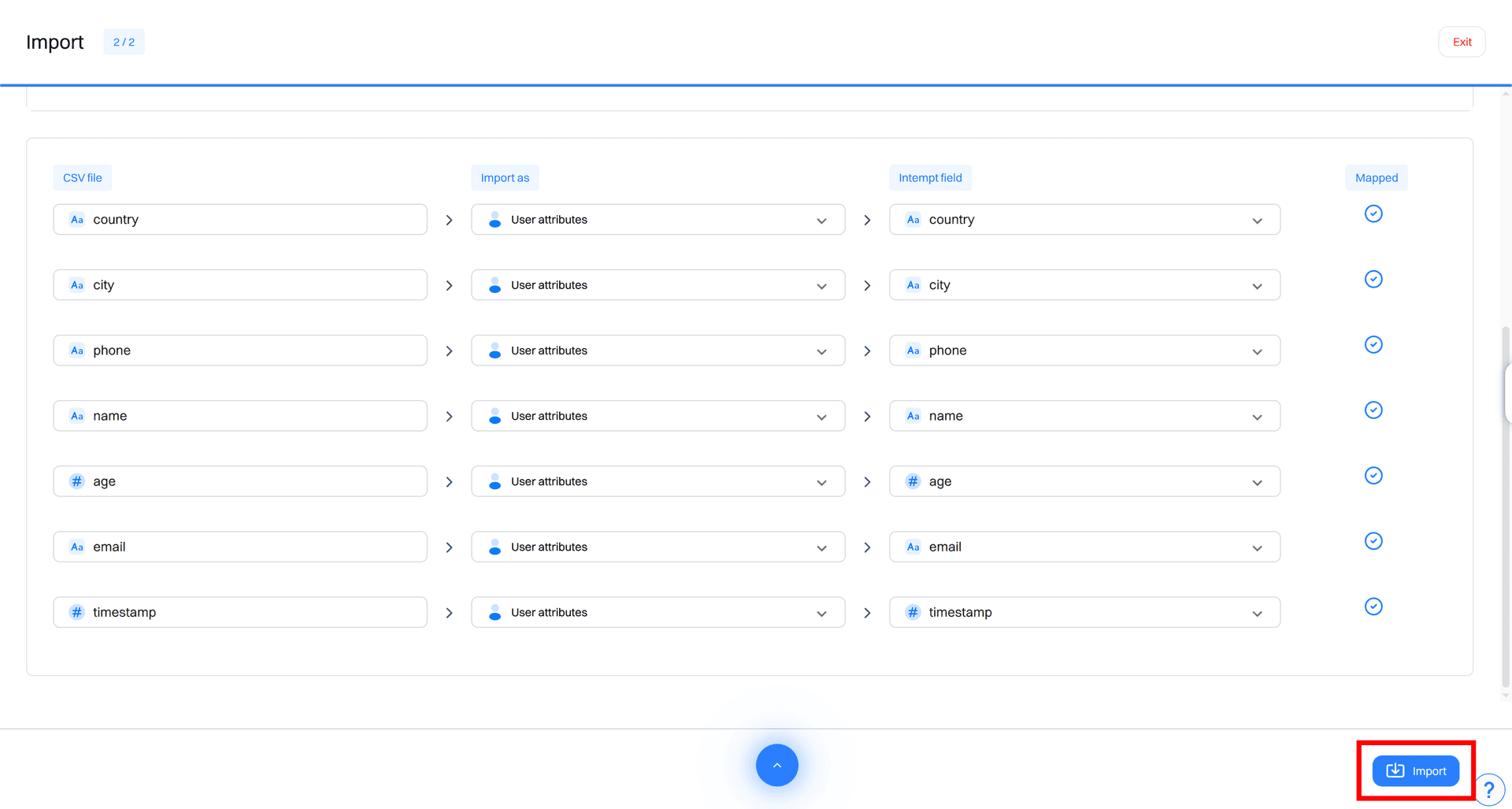 import events mapping complete import button - data import - Intempt documentation