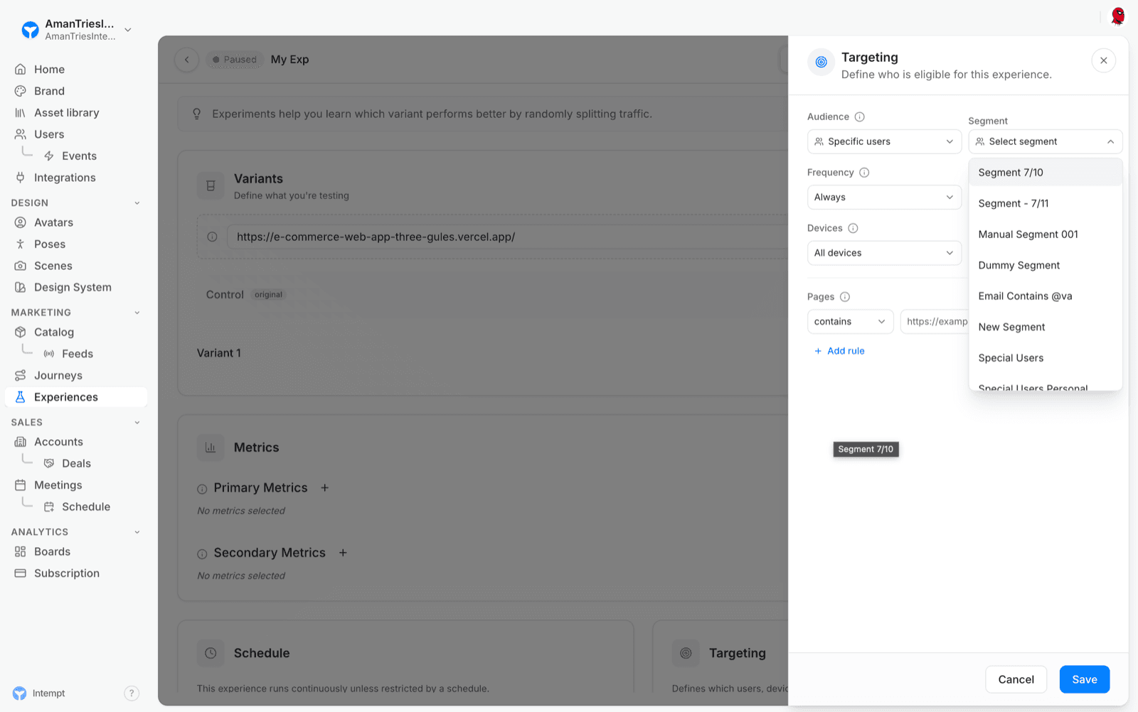 experience audience segment picker - segments - Intempt documentation