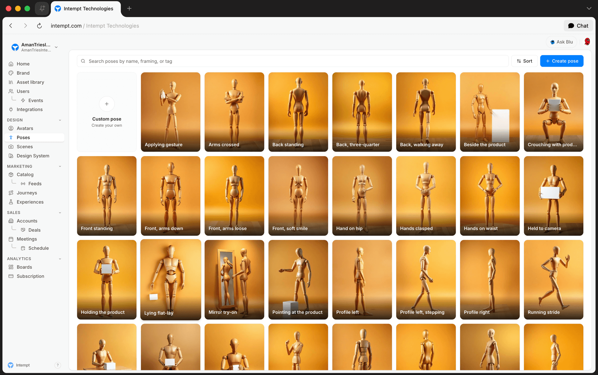 poses list search sort grid - creating custom poses - Intempt documentation