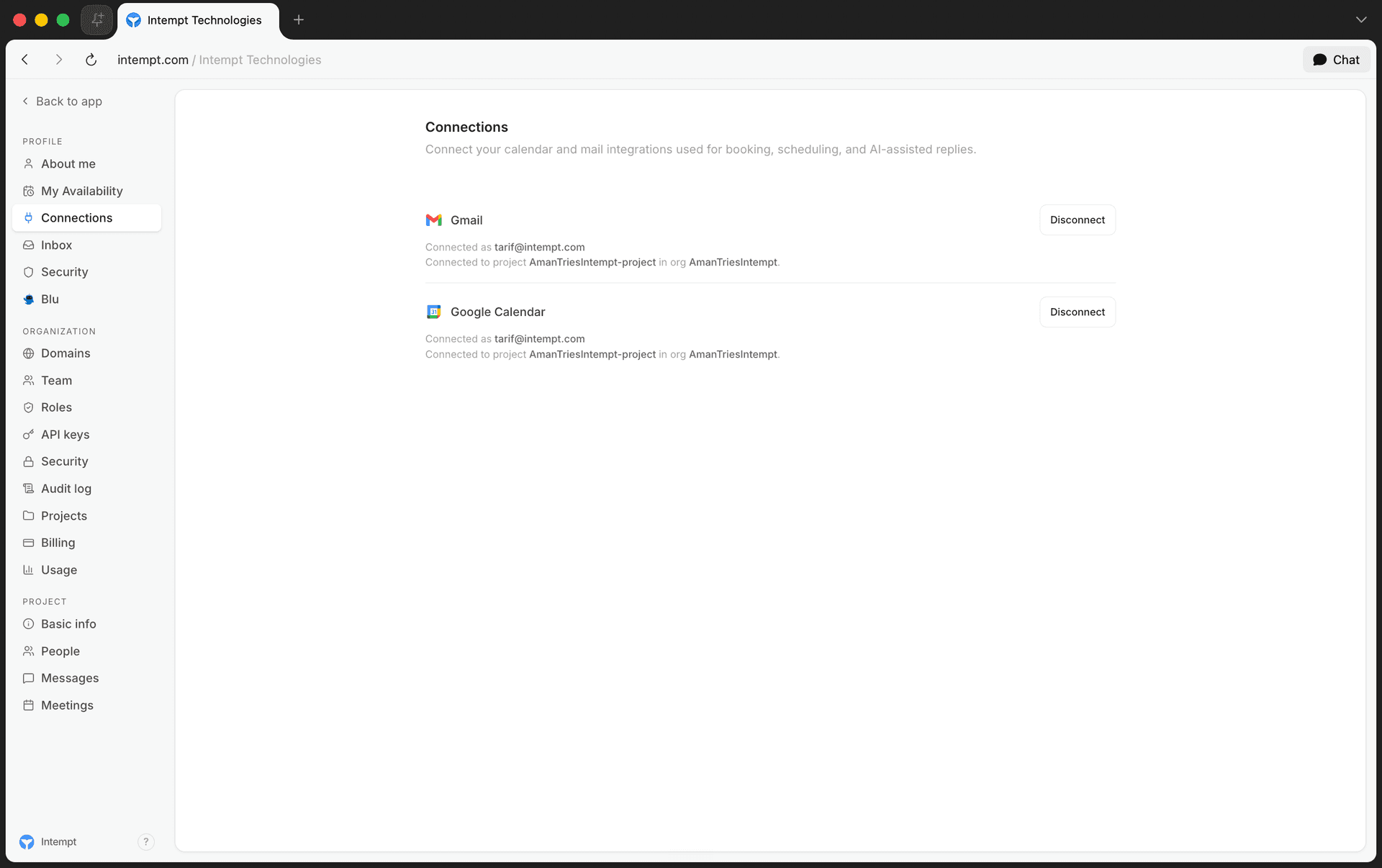 connections page google calendar connected - calendar integration - Intempt documentation