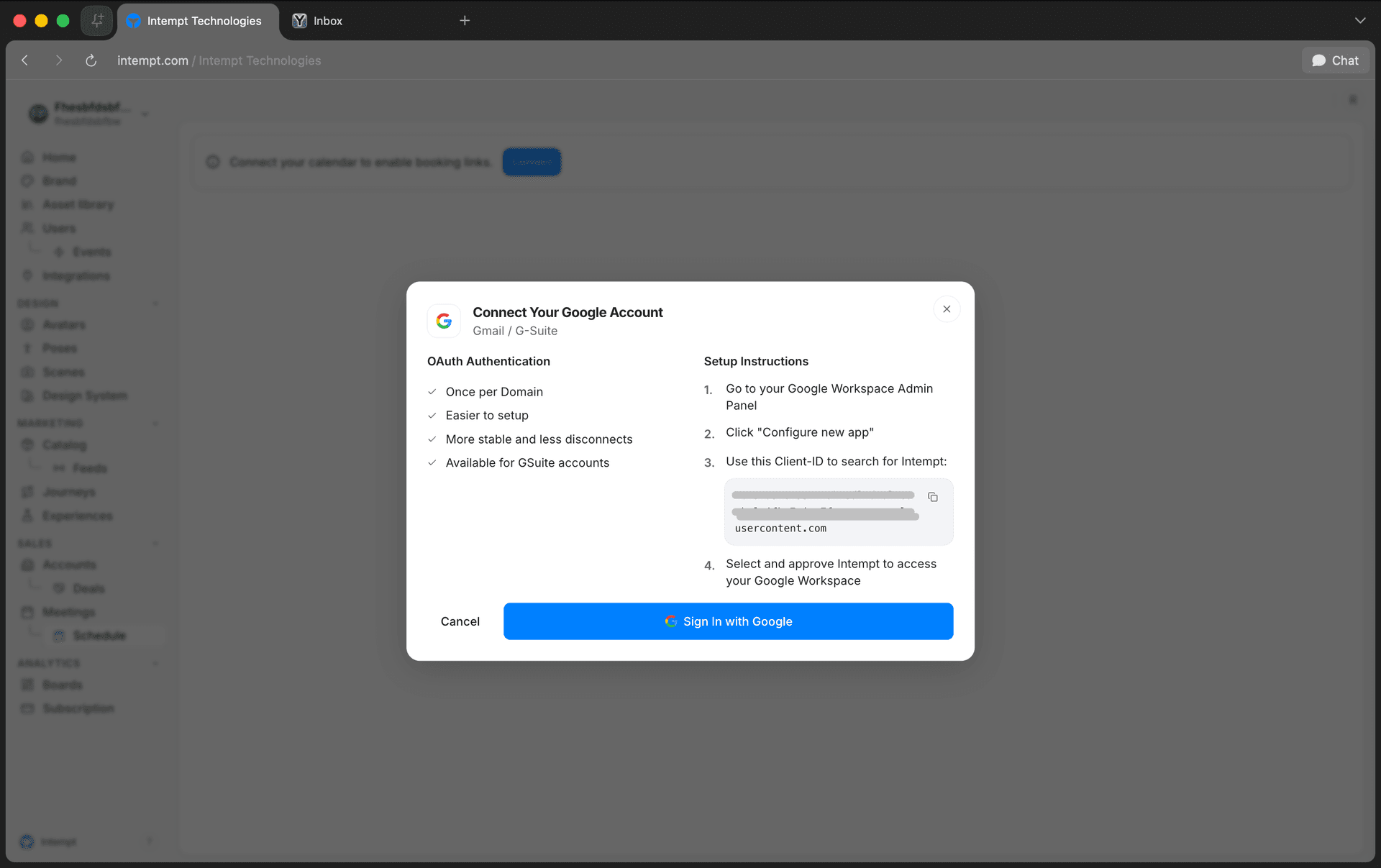 google connection modal oauth sign in - calendar integration - Intempt documentation