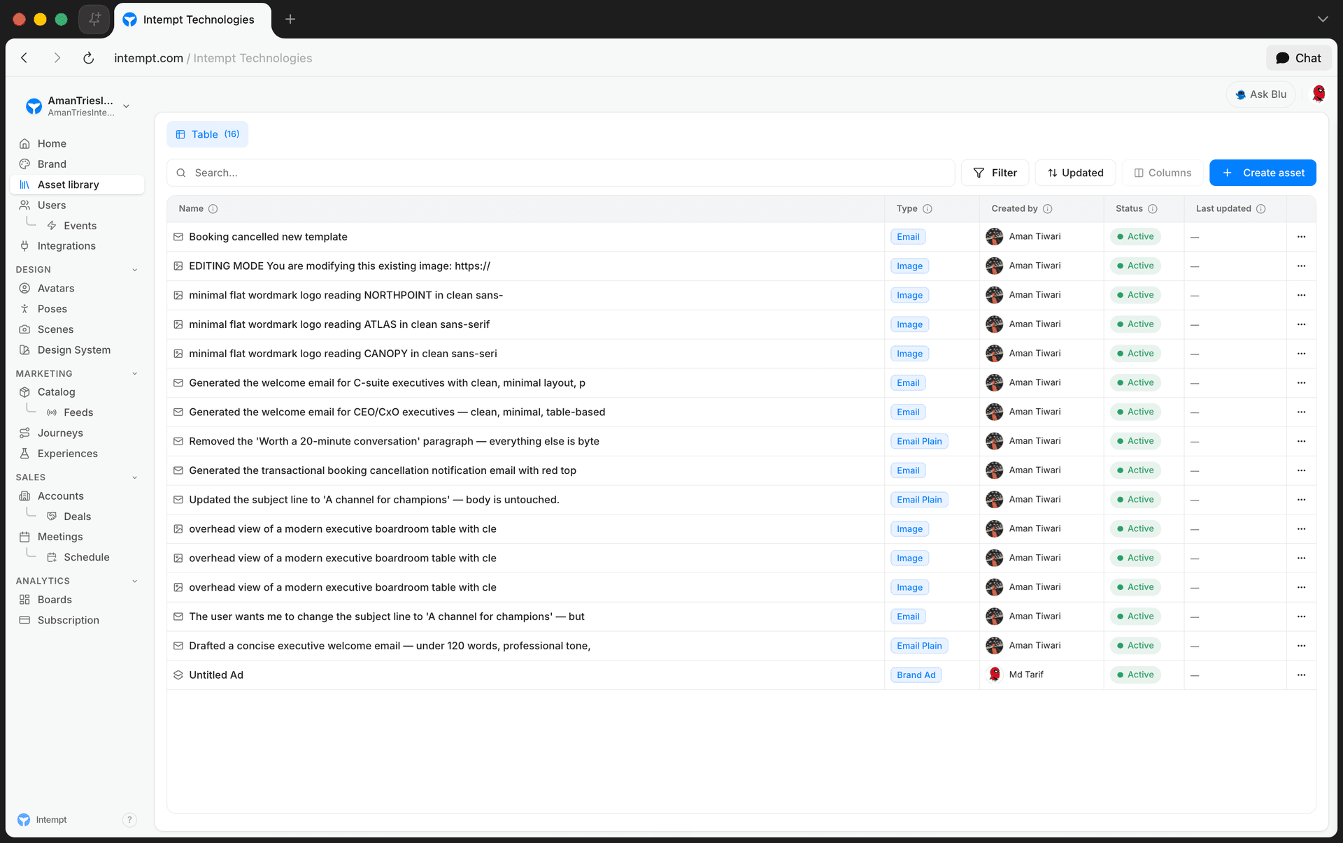 asset library toolbar create asset table - studio overview - Intempt documentation