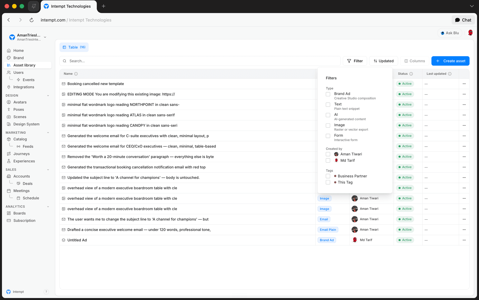 assets table filter popover - studio overview - Intempt documentation