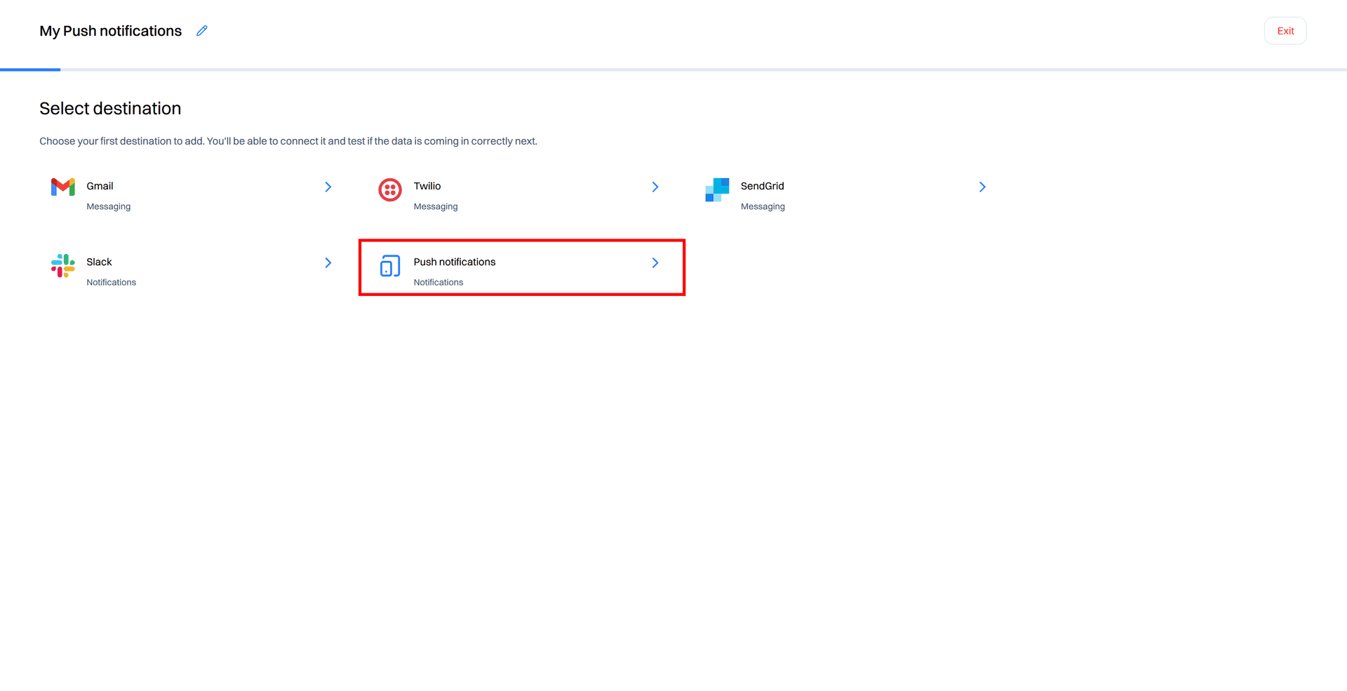create destination - push notification - Intempt documentation