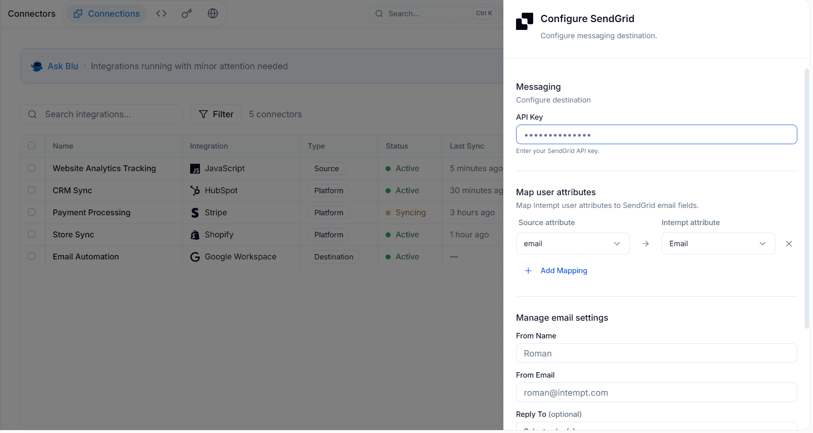 enter api key - sendgrid - Intempt documentation