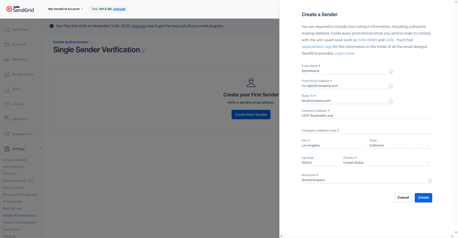 sender form - sendgrid - Intempt documentation