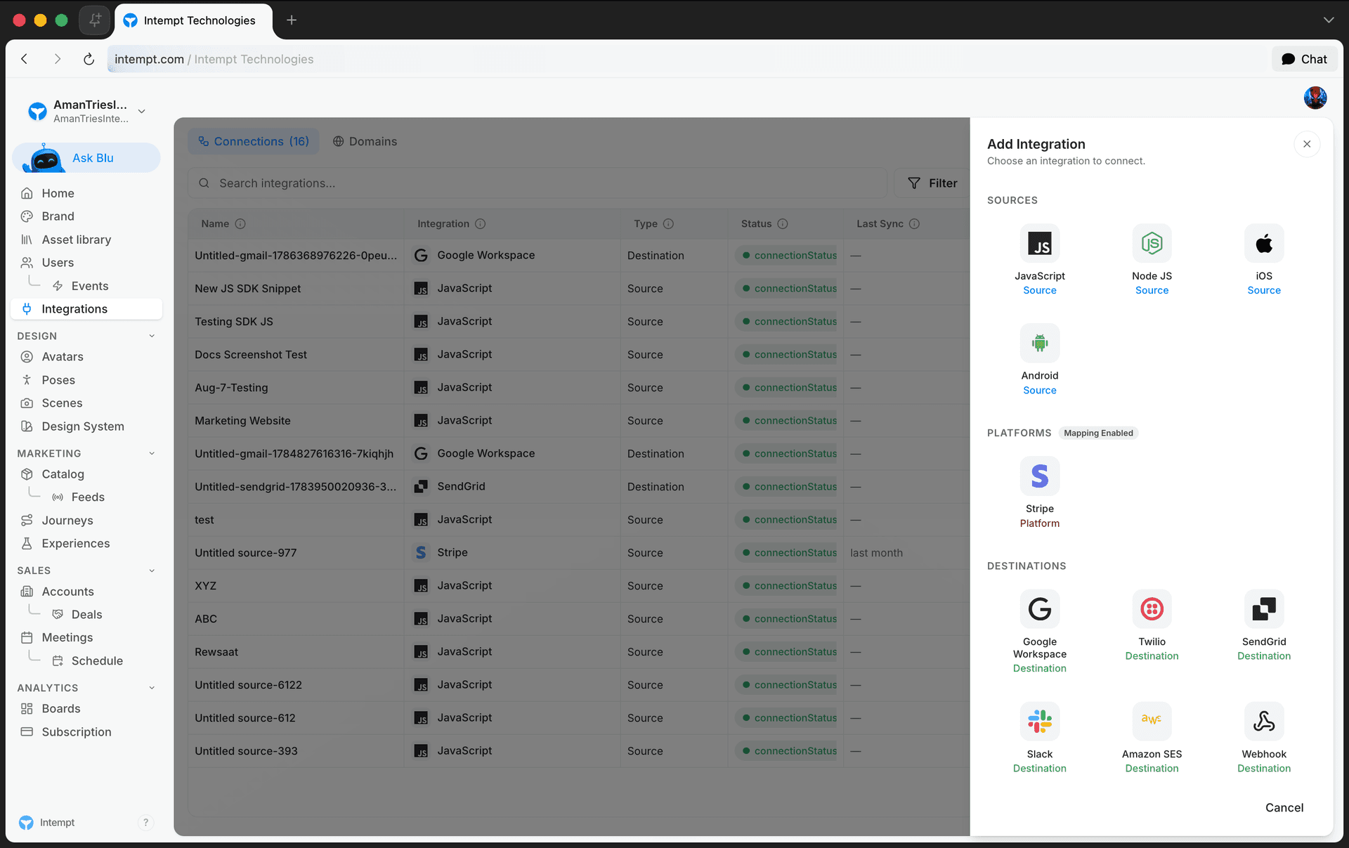 add integration sidebar sources - migrating from segment mixpanel amplitude - Intempt documentation