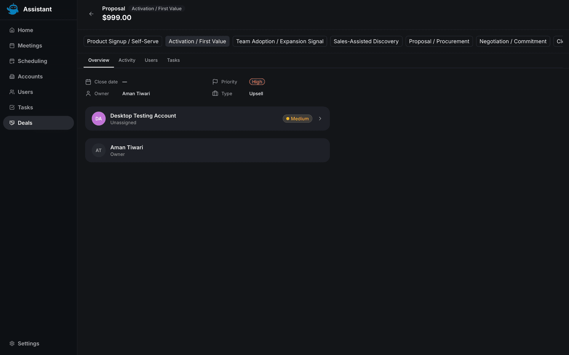 deal detail view header stage pills tabs - desktop sales workflow guide - Intempt documentation