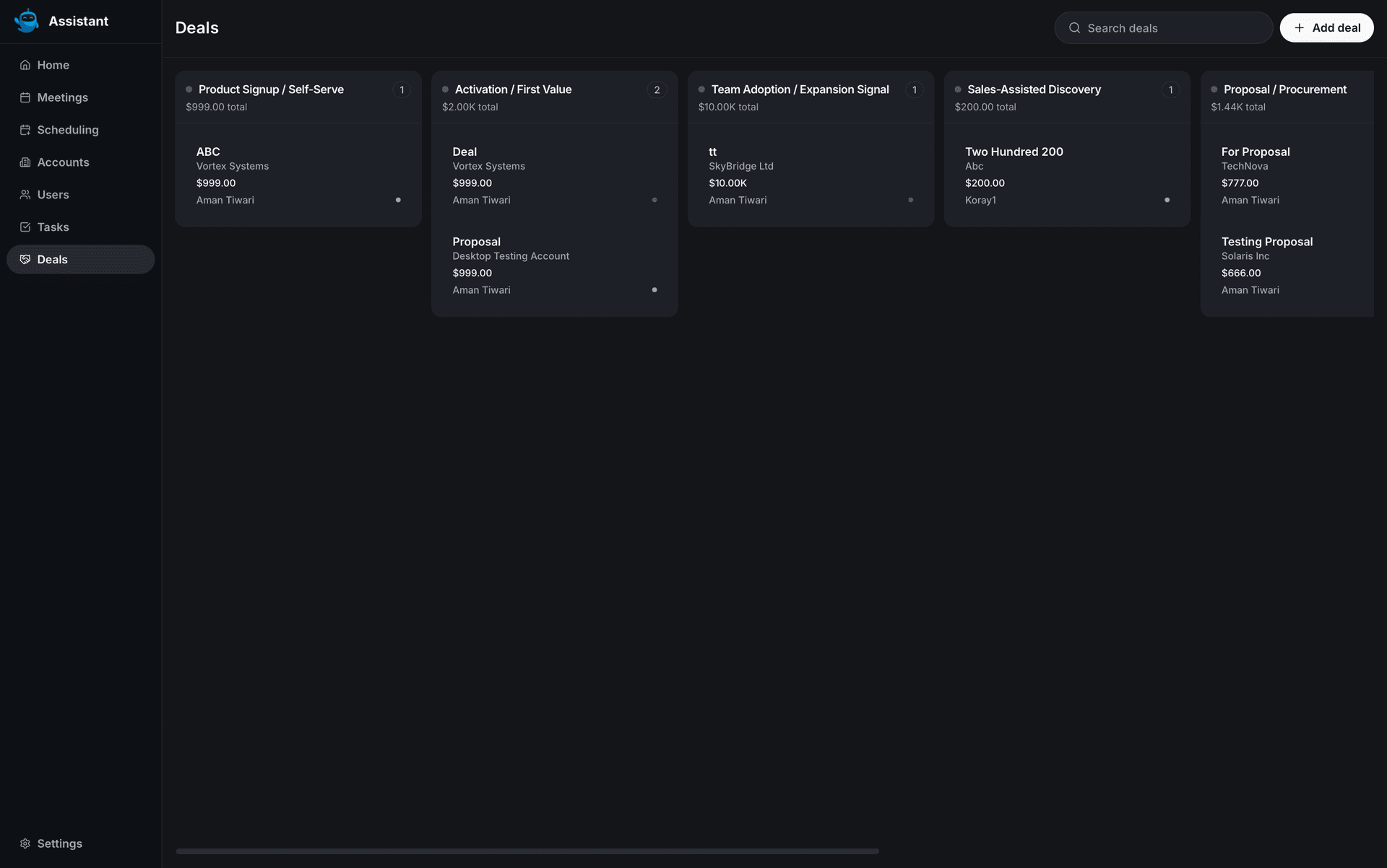 deals board search add deal stage columns - desktop sales workflow guide - Intempt documentation