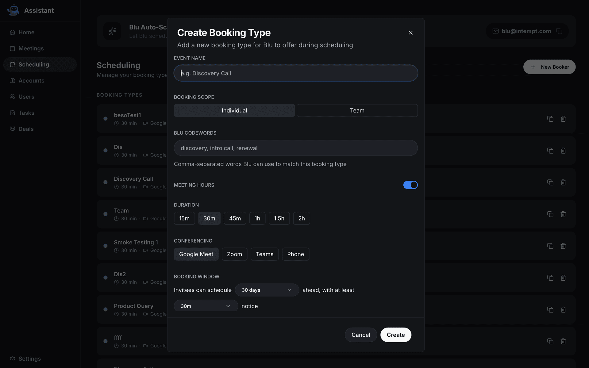 create booking type dialog all fields - desktop scheduling - Intempt documentation